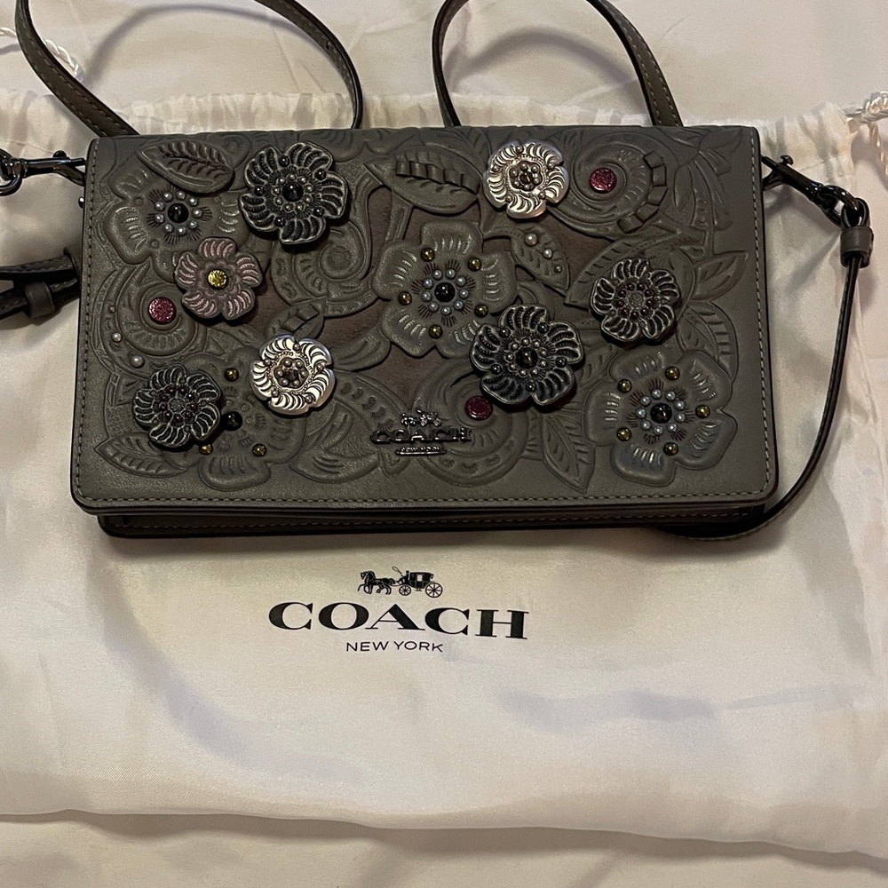 Coach Dark Gray Crossbody Bag with Floral Accents